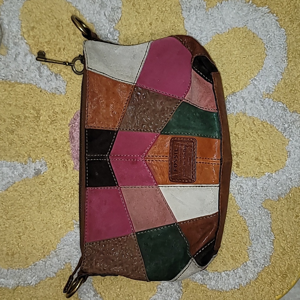 Fossil patchwork leather bag multicolored logo patch "Long Live Vintage" Hg7